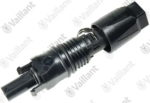 Vaillant Stecker mit Hülse, geeignet für elektrische Verbindungen. Das Produkt zeigt eine schwarze Kunststoffkonstruktion mit mehreren Anschlussmöglichkeiten.